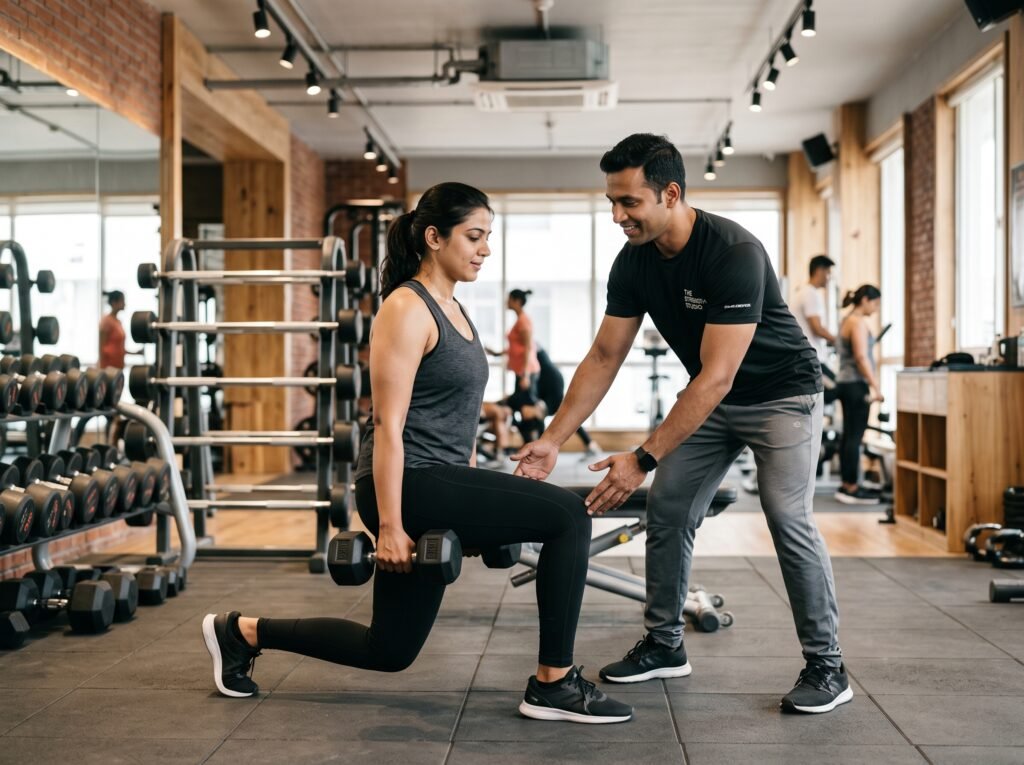 Fitness trainer coaching a member during strength training