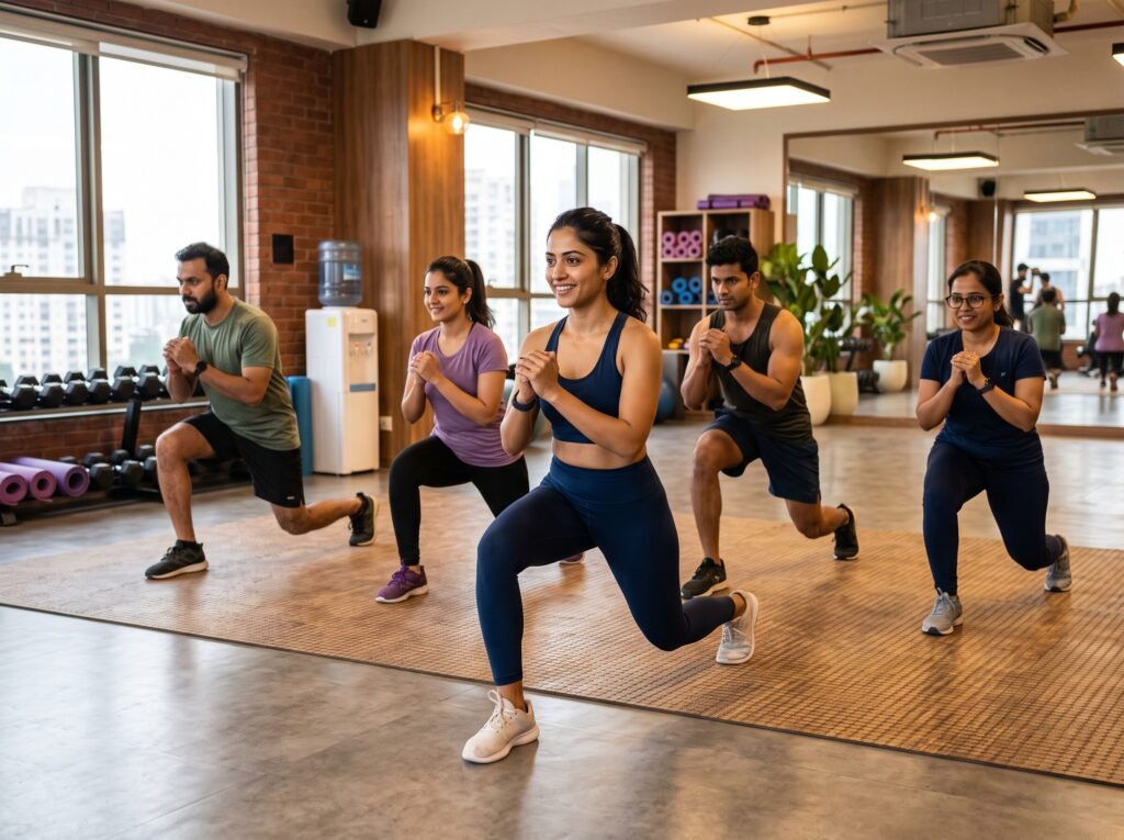 Group fitness class led by a professional trainer
