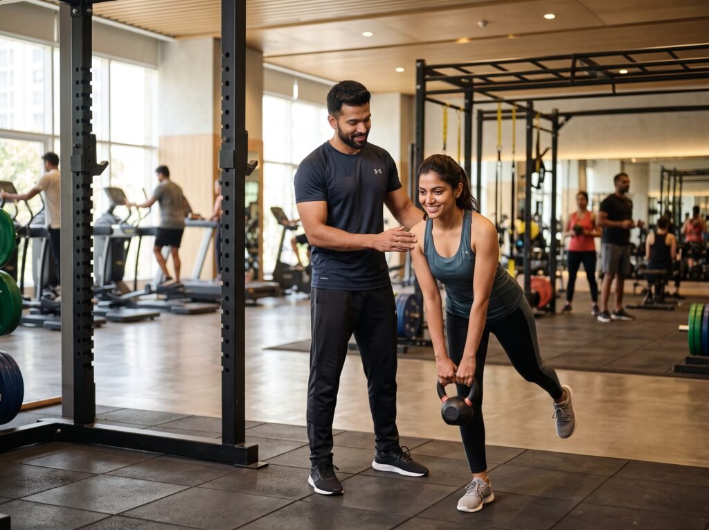 Personal trainer coaching a gym member