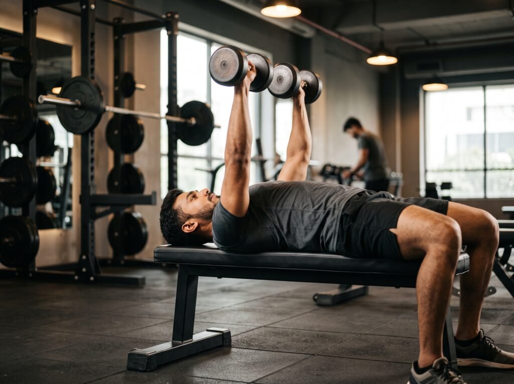 Member performing strength training with free weights